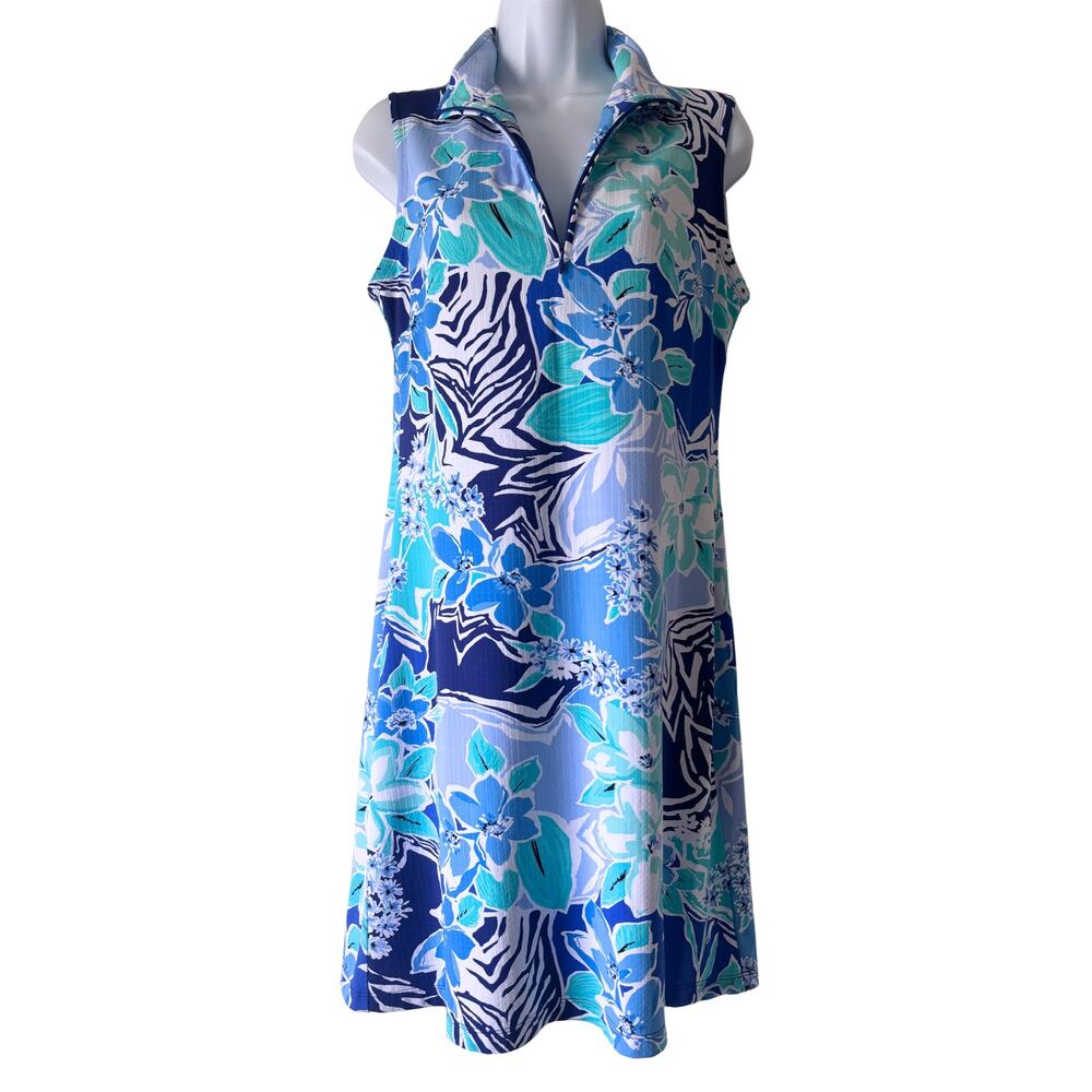 IBKUL Amelia Navy Seafoam Sleeveless Mock Zip Neck SPF 50 Polo Golf Dress Size S